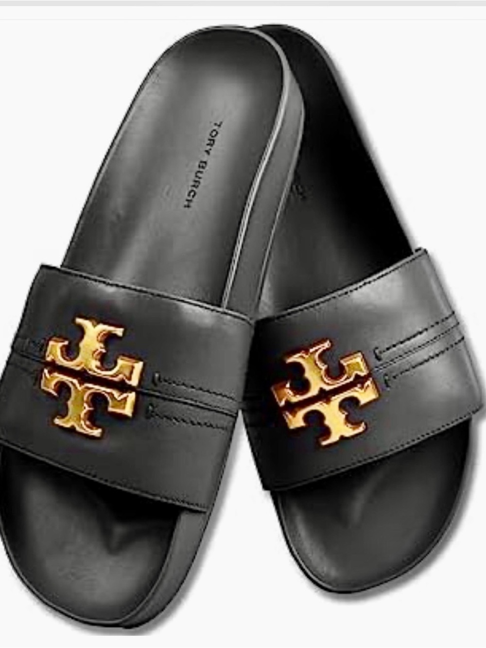 Tory Burch womens EverlySlide Sandal Black leather with Gold Hardware